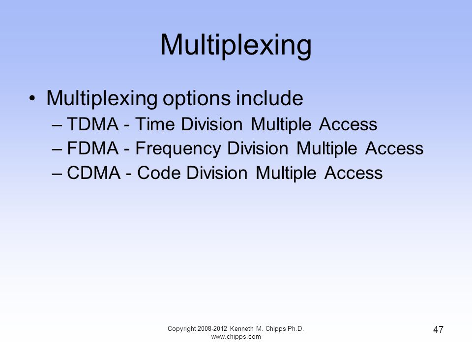 Multiplexing Multiplexing options include –TDMA - Time Division Multiple Access –FDMA - Frequency Division Multiple Access –CDMA - Code Division Multiple Access Copyright Kenneth M.