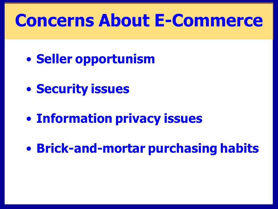 Concerns About E-Commerce Seller opportunism Security issues Information privacy issues Brick-and-mortar purchasing habits