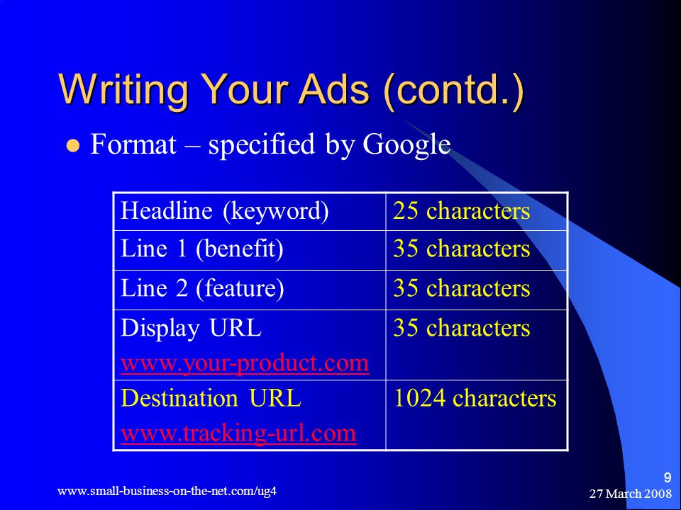 27 March Writing Your Ads (contd.) Format – specified by Google Headline (keyword)25 characters Line 1 (benefit)35 characters Line 2 (feature)35 characters Display URL   35 characters Destination URL characters