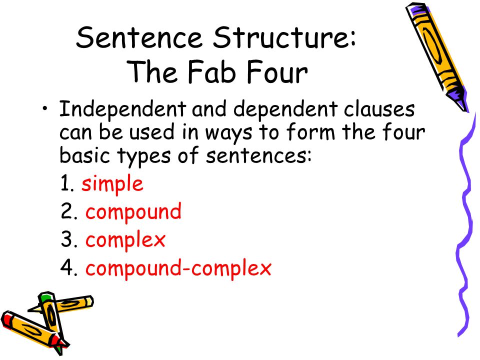Sentence Structure: The Fab Four Independent and dependent clauses can be used in ways to form the four basic types of sentences: 1.