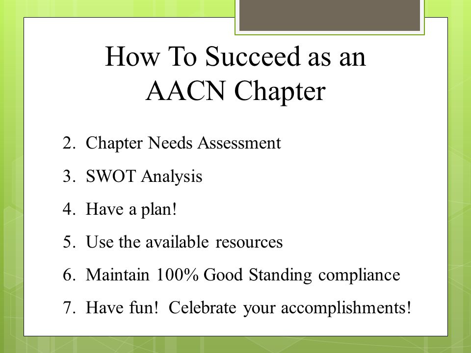 How To Succeed as an AACN Chapter 2. Chapter Needs Assessment 3.