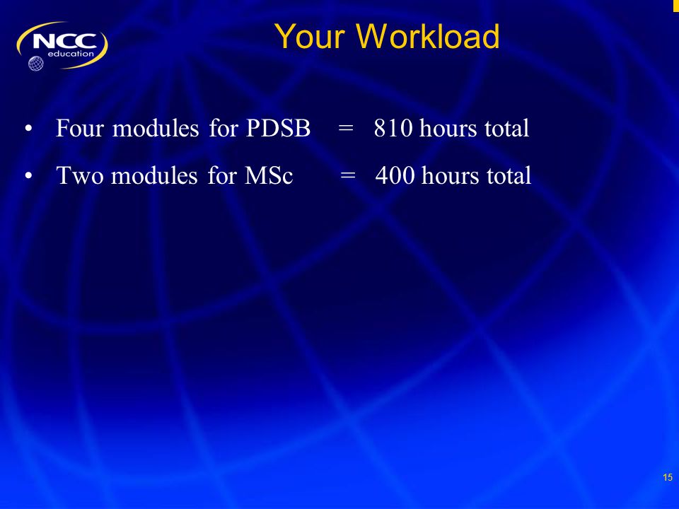 15 Your Workload Four modules for PDSB = 810 hours total Two modules for MSc = 400 hours total