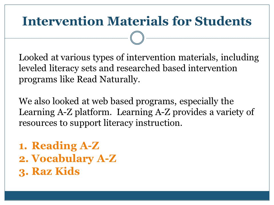 Intervention Materials for Students Looked at various types of intervention materials, including leveled literacy sets and researched based intervention programs like Read Naturally.