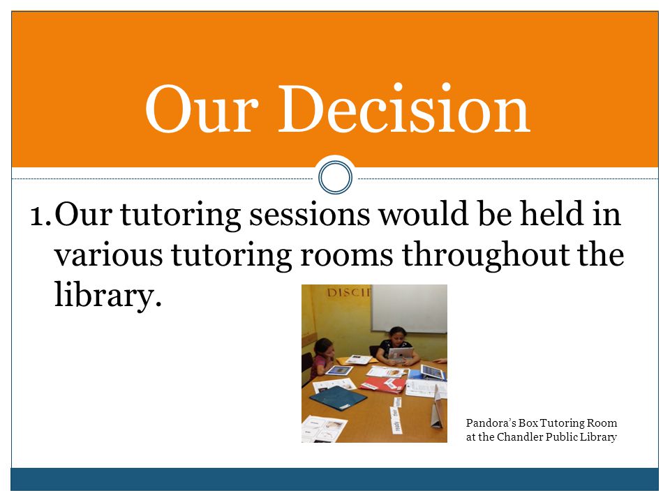 Our Decision 1.Our tutoring sessions would be held in various tutoring rooms throughout the library.