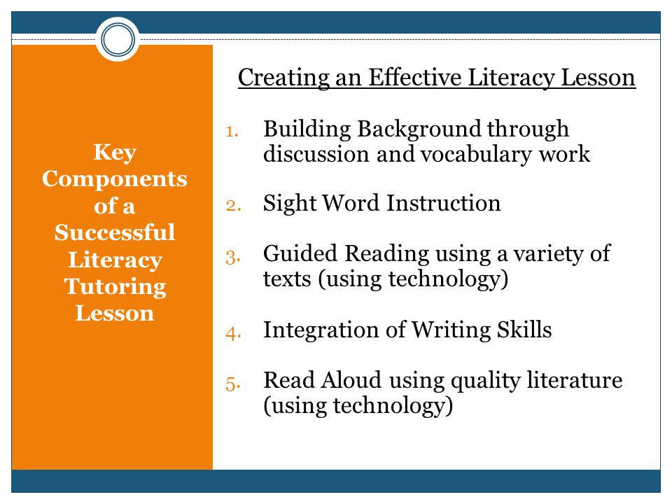 Key Components of a Successful Literacy Tutoring Lesson Creating an Effective Literacy Lesson 1.