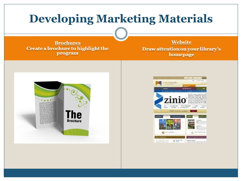 Brochures Create a brochure to highlight the program Brochures Create a brochure to highlight the program Website Draw attention on your library’s homepage Website Draw attention on your library’s homepage Developing Marketing Materials
