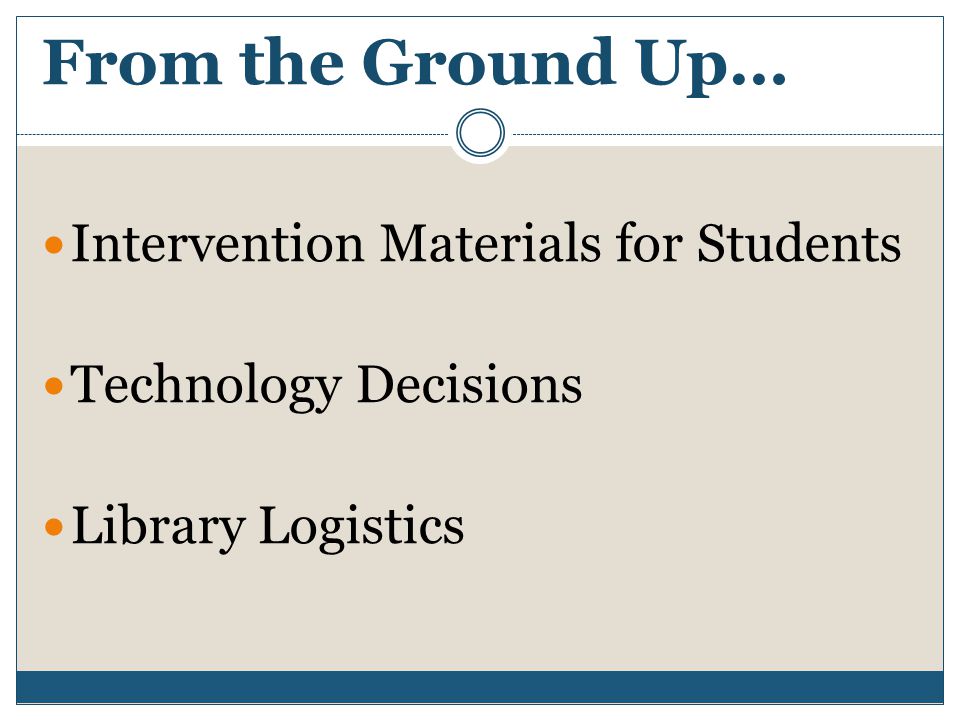 From the Ground Up… Intervention Materials for Students Technology Decisions Library Logistics