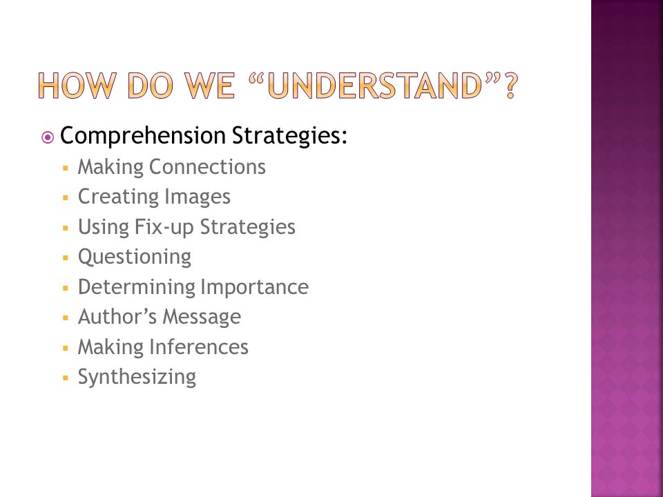  Comprehension Strategies:  Making Connections  Creating Images  Using Fix-up Strategies  Questioning  Determining Importance  Author’s Message  Making Inferences  Synthesizing