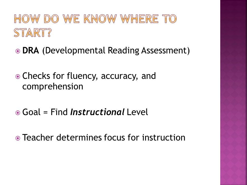  DRA (Developmental Reading Assessment)  Checks for fluency, accuracy, and comprehension  Goal = Find Instructional Level  Teacher determines focus for instruction
