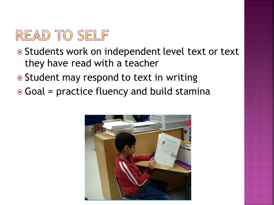  Students work on independent level text or text they have read with a teacher  Student may respond to text in writing  Goal = practice fluency and build stamina