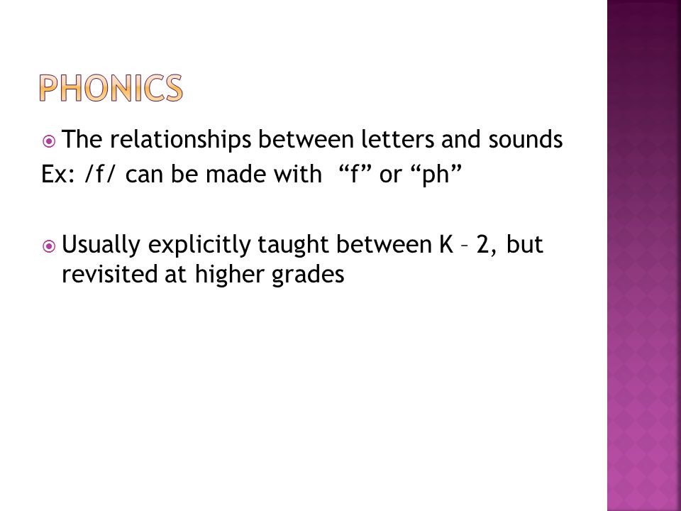  The relationships between letters and sounds Ex: /f/ can be made with f or ph  Usually explicitly taught between K – 2, but revisited at higher grades