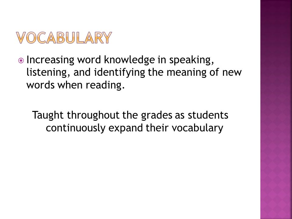  Increasing word knowledge in speaking, listening, and identifying the meaning of new words when reading.