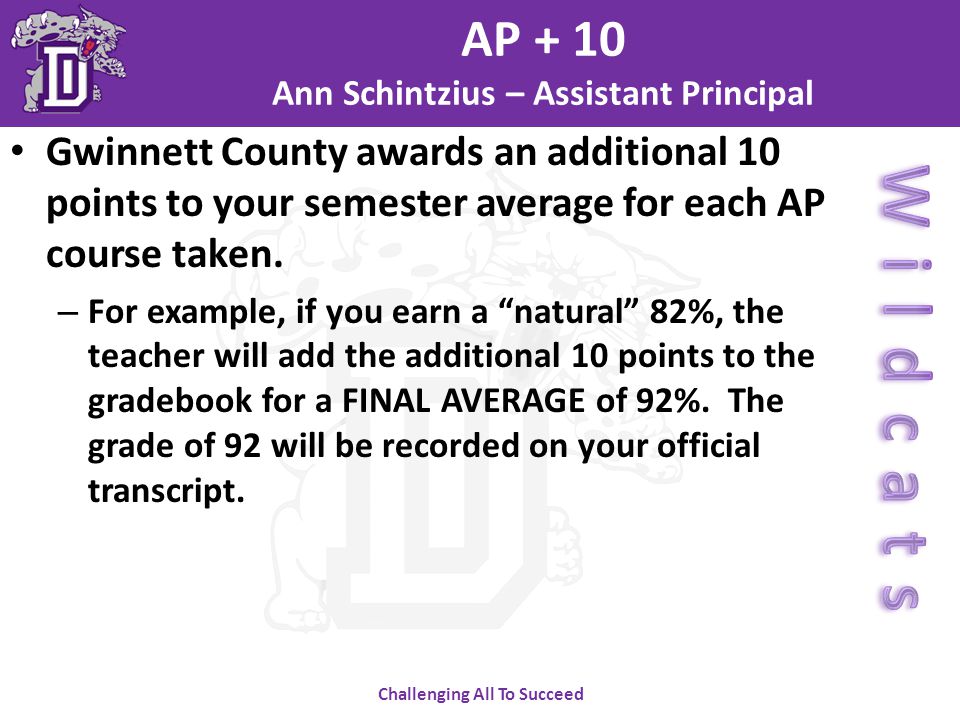 Challenging All To Succeed AP + 10 Ann Schintzius – Assistant Principal Gwinnett County awards an additional 10 points to your semester average for each AP course taken.