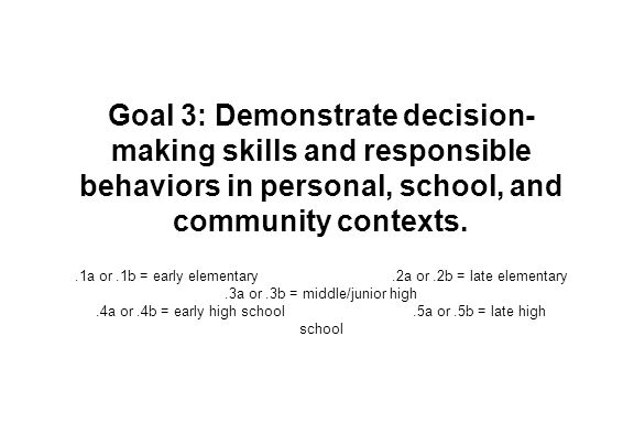 Goal 3: Demonstrate decision- making skills and responsible behaviors in personal, school, and community contexts..1a or.1b = early elementary.2a or.2b = late elementary.3a or.3b = middle/junior high.4a or.4b = early high school.5a or.5b = late high school
