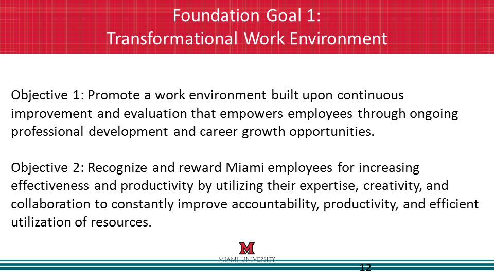 12 Foundation Goal 1: Transformational Work Environment Outcomes Objective 1: Promote a work environment built upon continuous improvement and evaluation that empowers employees through ongoing professional development and career growth opportunities.