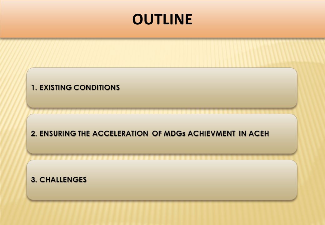 OUTLINE 1. EXISTING CONDITIONS 2. ENSURING THE ACCELERATION OF MDGs ACHIEVMENT IN ACEH 3.