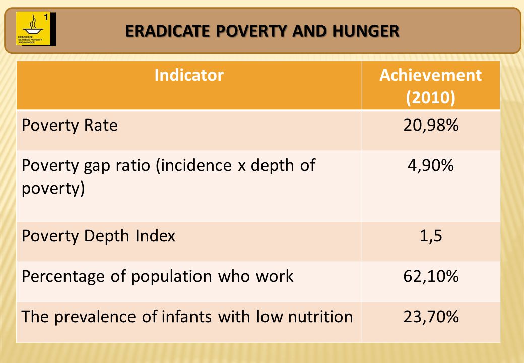 ERADICATE POVERTY AND HUNGER IndicatorAchievement (2010) Poverty Rate20,98% Poverty gap ratio (incidence x depth of poverty) 4,90% Poverty Depth Index1,5 Percentage of population who work62,10% The prevalence of infants with low nutrition23,70%