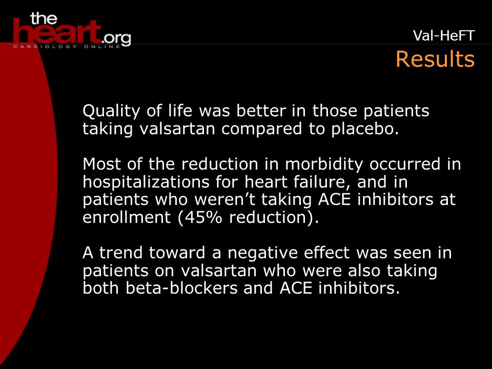 Results Quality of life was better in those patients taking valsartan compared to placebo.