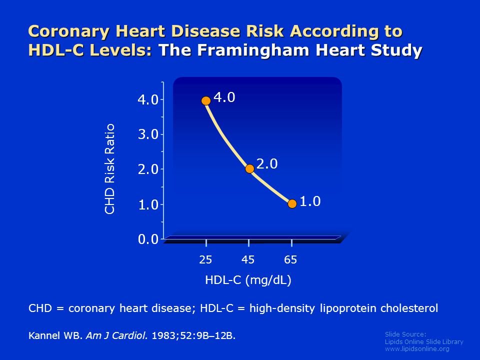 Slide Source: Lipids Online Slide Library   Coronary Heart Disease Risk According to HDL-C Levels: The Framingham Heart Study Kannel WB.