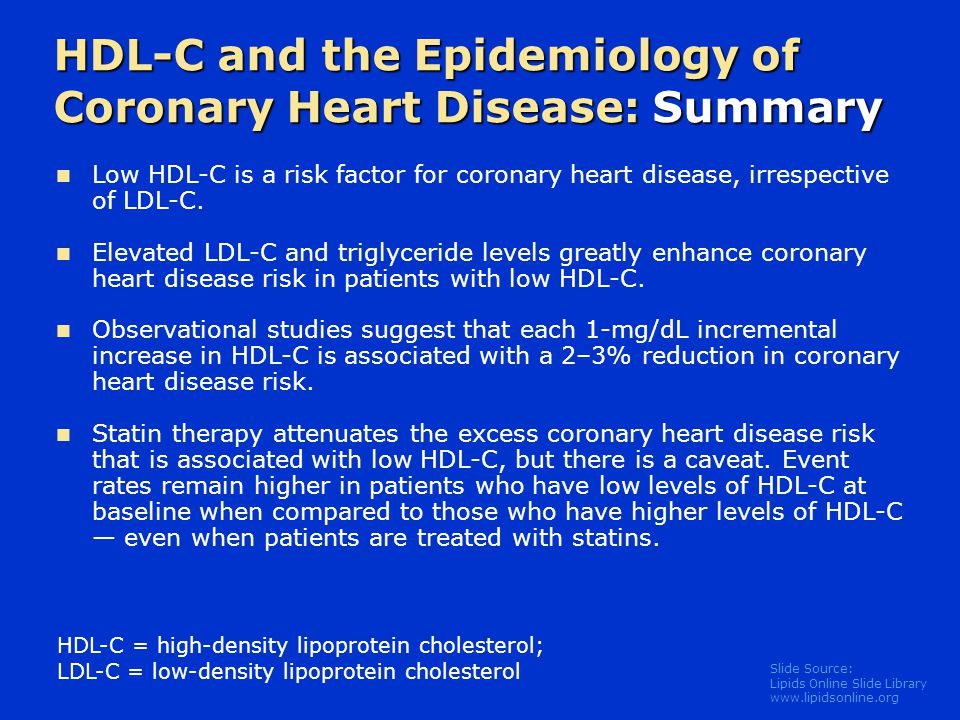 Slide Source: Lipids Online Slide Library   Low HDL-C is a risk factor for coronary heart disease, irrespective of LDL-C.