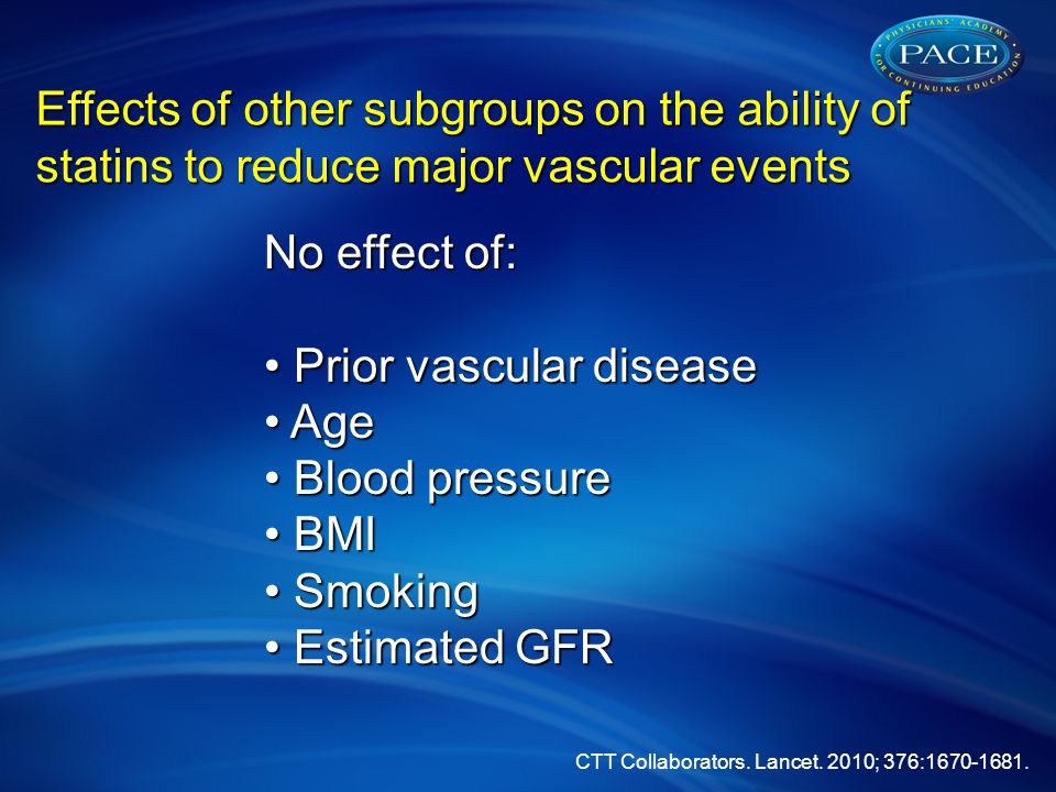 Effects of other subgroups on the ability of statins to reduce major vascular events No effect of: Prior vascular disease Prior vascular disease Age Age Blood pressure Blood pressure BMI BMI Smoking Smoking Estimated GFR Estimated GFR CTT Collaborators.