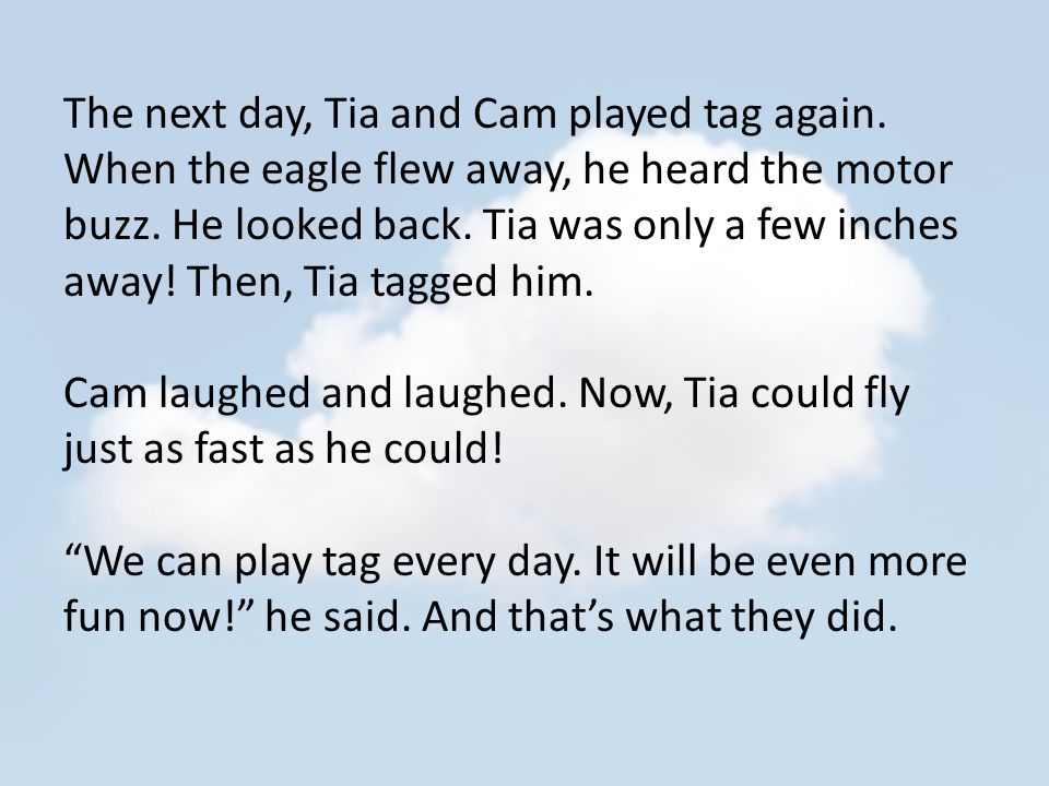 The next day, Tia and Cam played tag again. When the eagle flew away, he heard the motor buzz.