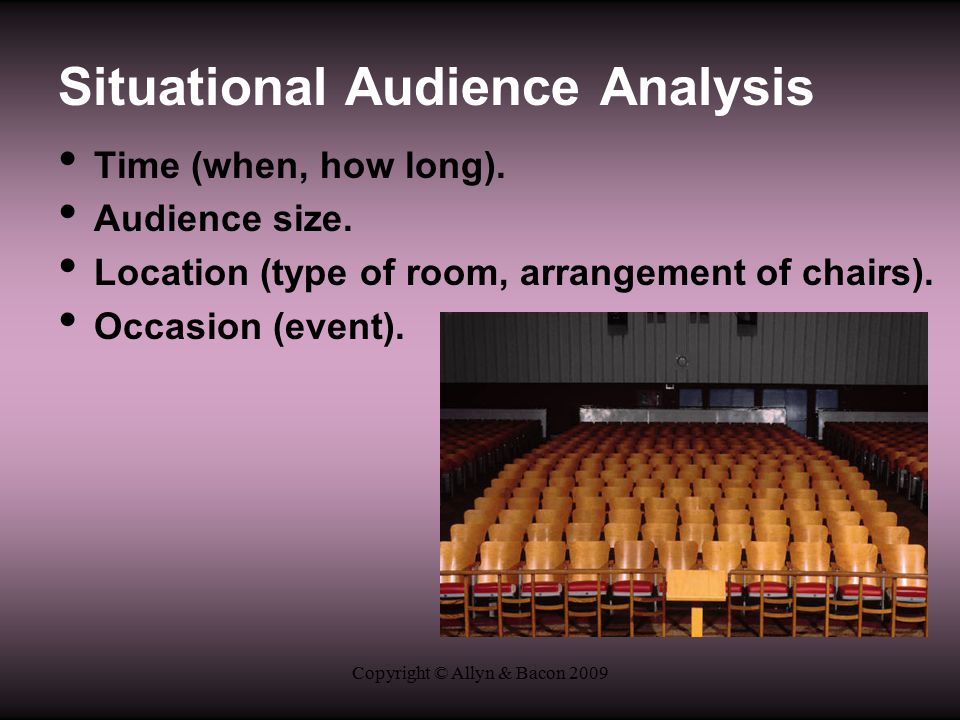 Copyright © Allyn & Bacon 2009 Situational Audience Analysis Time (when, how long).