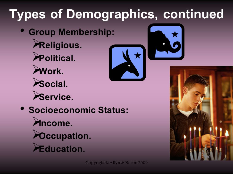 Copyright © Allyn & Bacon 2009 Types of Demographics, continued Group Membership:  Religious.