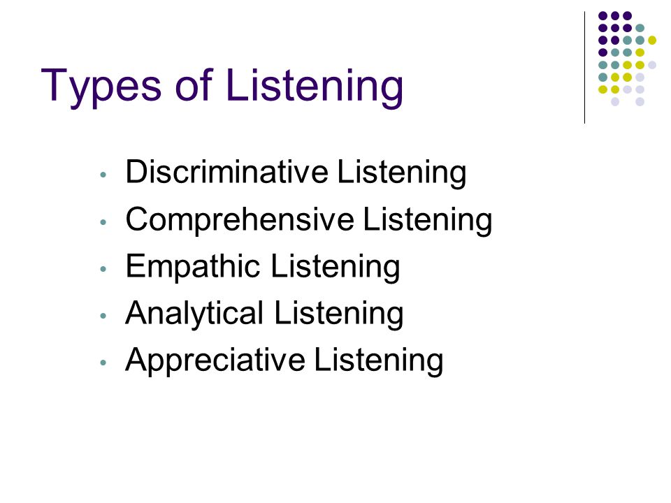 Types of Listening Discriminative Listening Comprehensive Listening Empathic Listening Analytical Listening Appreciative Listening