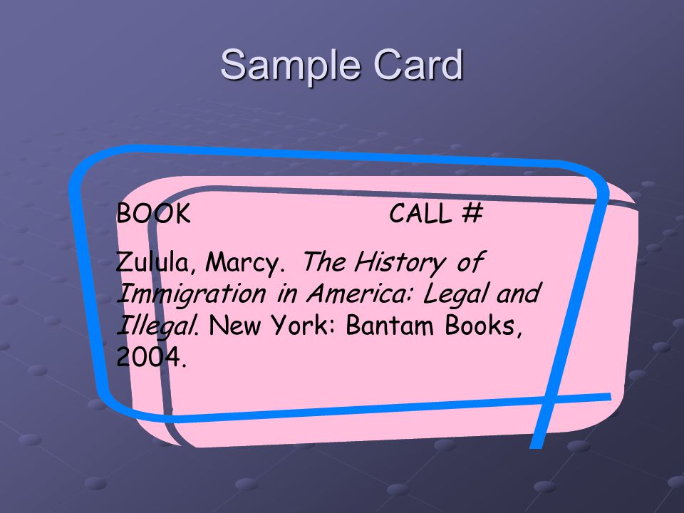 Sample Card BOOKCALL # Zulula, Marcy. The History of Immigration in America: Legal and Illegal.