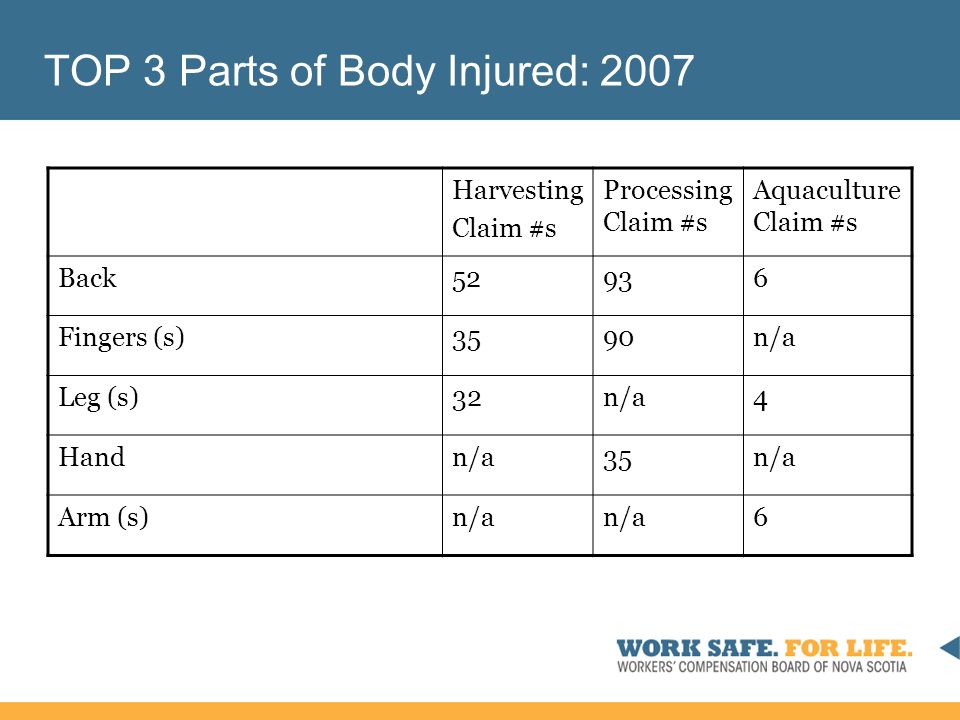 TOP 3 Parts of Body Injured: 2007 Harvesting Claim #s Processing Claim #s Aquaculture Claim #s Back52936 Fingers (s)3590n/a Leg (s)32n/a4 Handn/a35n/a Arm (s)n/a 6