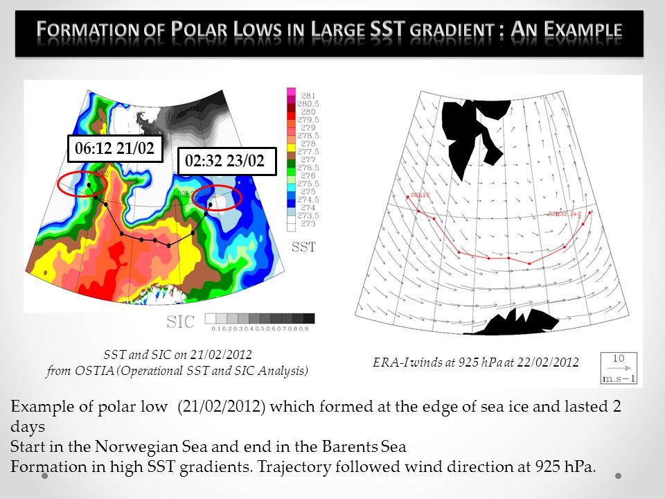 Example of polar low (21/02/2012) which formed at the edge of sea ice and lasted 2 days Start in the Norwegian Sea and end in the Barents Sea Formation in high SST gradients.