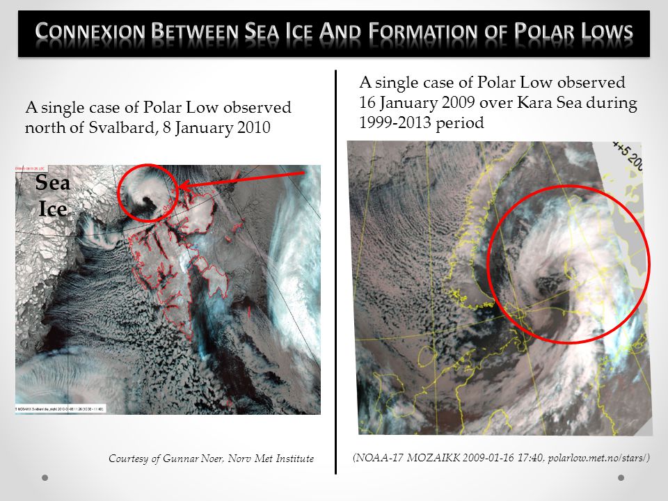 A single case of Polar Low observed north of Svalbard, 8 January 2010 Sea Ice Courtesy of Gunnar Noer, Norv Met Institute (NOAA-17 MOZAIKK :40, polarlow.met.no/stars/ ‎ ) A single case of Polar Low observed 16 January 2009 over Kara Sea during period