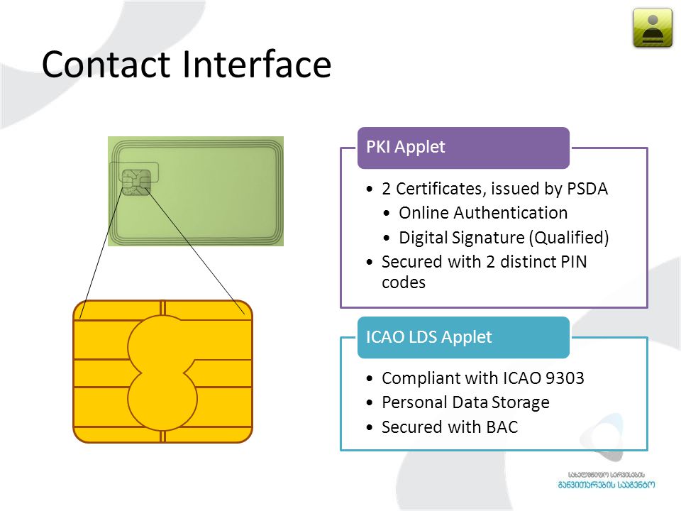 Contact Interface 2 Certificates, issued by PSDA Online Authentication Digital Signature (Qualified) Secured with 2 distinct PIN codes PKI Applet Compliant with ICAO 9303 Personal Data Storage Secured with BAC ICAO LDS Applet