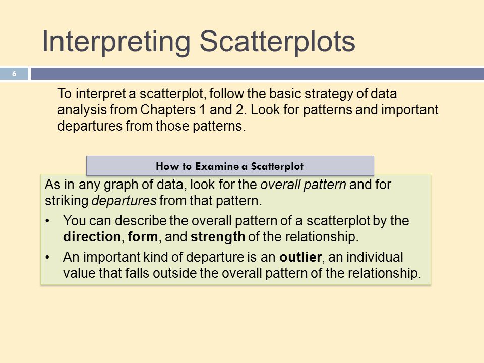 6 Interpreting Scatterplots To interpret a scatterplot, follow the basic strategy of data analysis from Chapters 1 and 2.