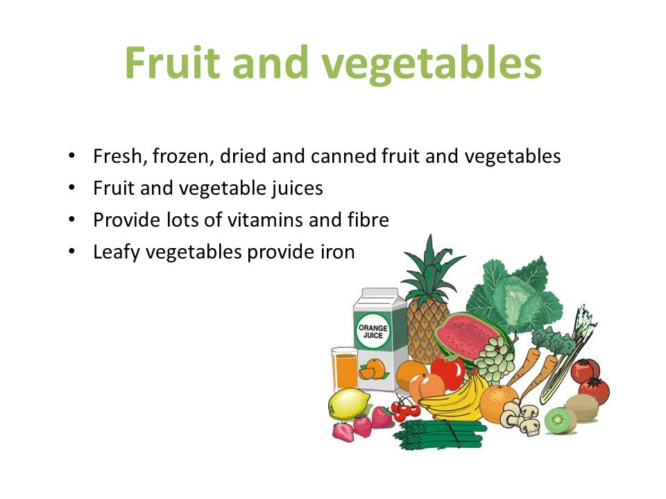Fruit and vegetables Fresh, frozen, dried and canned fruit and vegetables Fruit and vegetable juices Provide lots of vitamins and fibre Leafy vegetables provide iron
