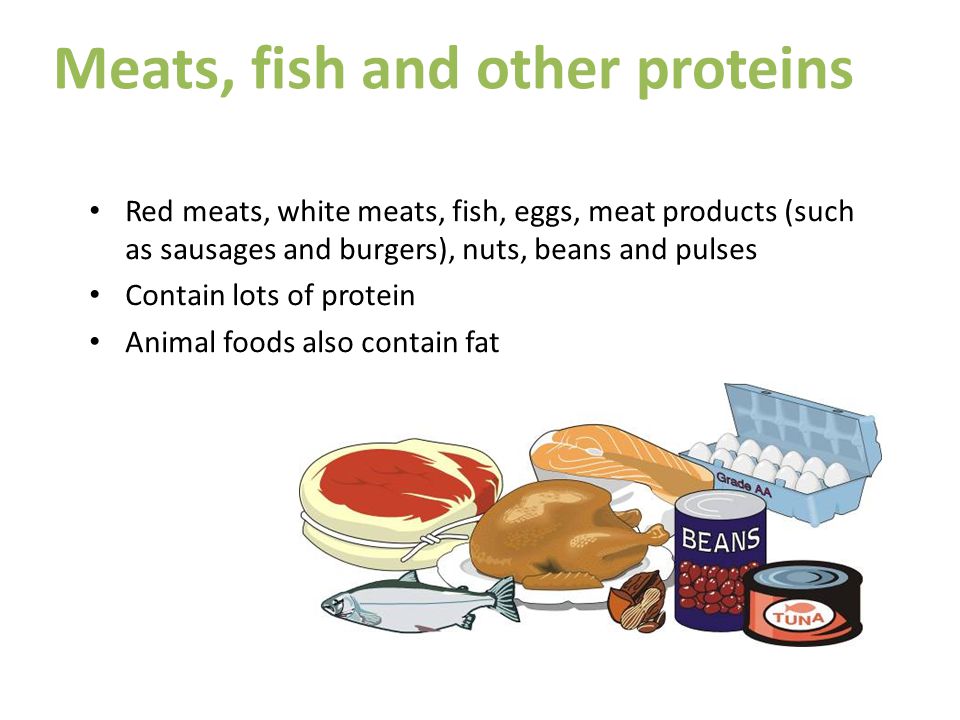 Meats, fish and other proteins Red meats, white meats, fish, eggs, meat products (such as sausages and burgers), nuts, beans and pulses Contain lots of protein Animal foods also contain fat