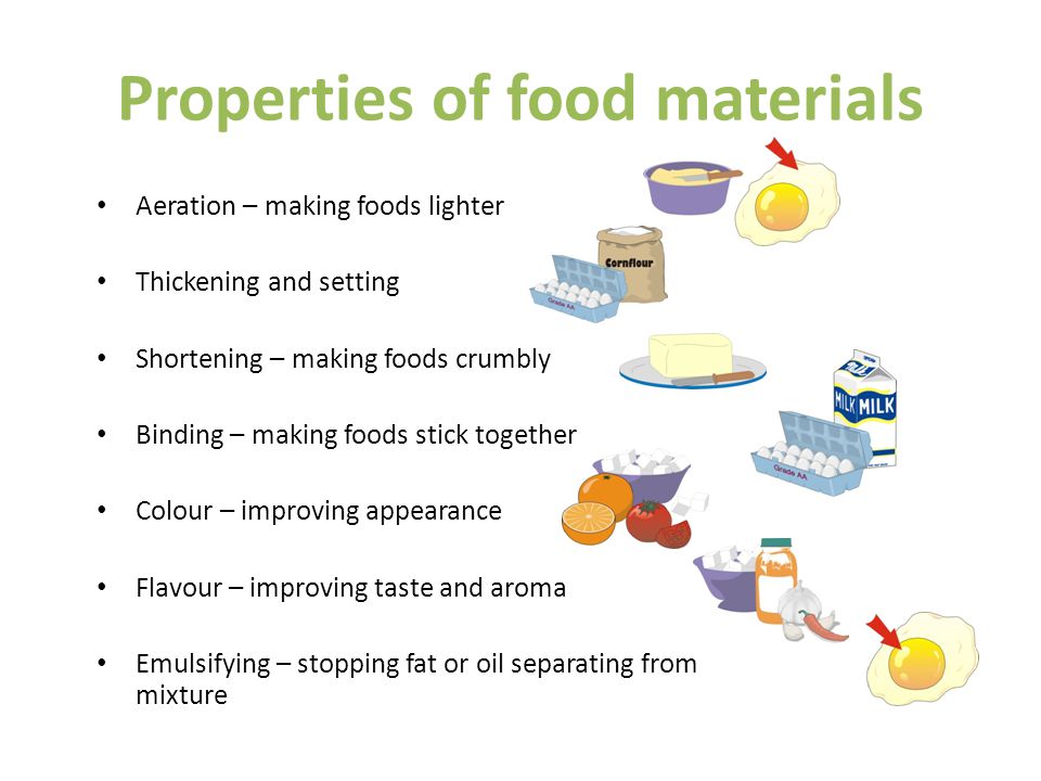 Properties of food materials Aeration – making foods lighter Thickening and setting Shortening – making foods crumbly Binding – making foods stick together Colour – improving appearance Flavour – improving taste and aroma Emulsifying – stopping fat or oil separating from mixture