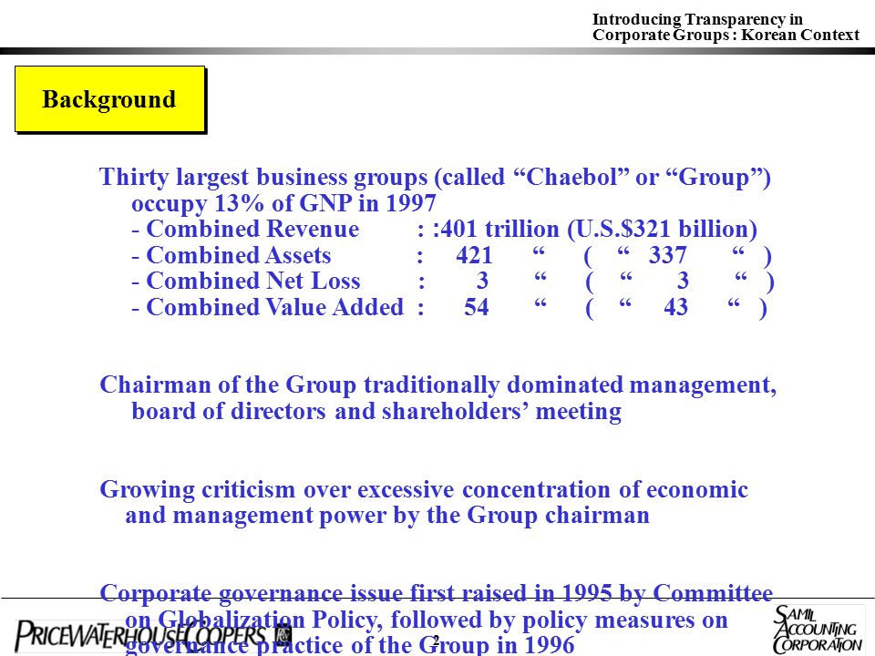 Introducing Transparency in Corporate Groups : Korean Context Background Thirty largest business groups (called Chaebol or Group ) occupy 13% of GNP in Combined Revenue : : 401 trillion (U.S.$321 billion) - Combined Assets : 421 ( 337 ) - Combined Net Loss : 3 ( 3 ) - Combined Value Added : 54 ( 43 ) Chairman of the Group traditionally dominated management, board of directors and shareholders’ meeting Growing criticism over excessive concentration of economic and management power by the Group chairman Corporate governance issue first raised in 1995 by Committee on Globalization Policy, followed by policy measures on governance practice of the Group in