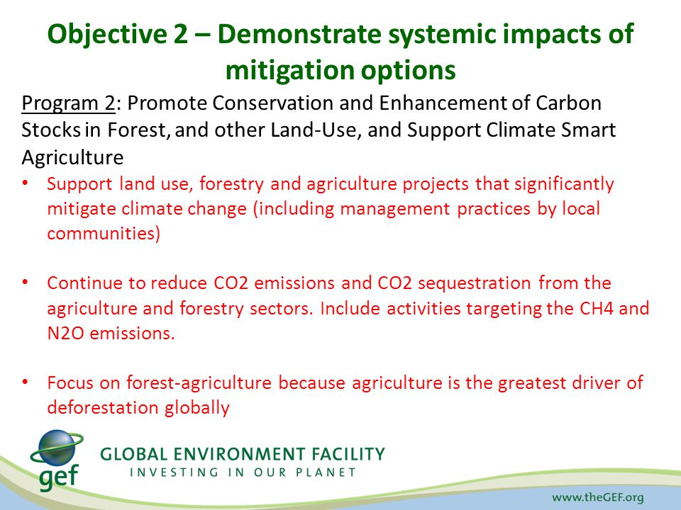 Objective 2 – Demonstrate systemic impacts of mitigation options Program 2: Promote Conservation and Enhancement of Carbon Stocks in Forest, and other Land-Use, and Support Climate Smart Agriculture Support land use, forestry and agriculture projects that significantly mitigate climate change (including management practices by local communities) Continue to reduce CO2 emissions and CO2 sequestration from the agriculture and forestry sectors.