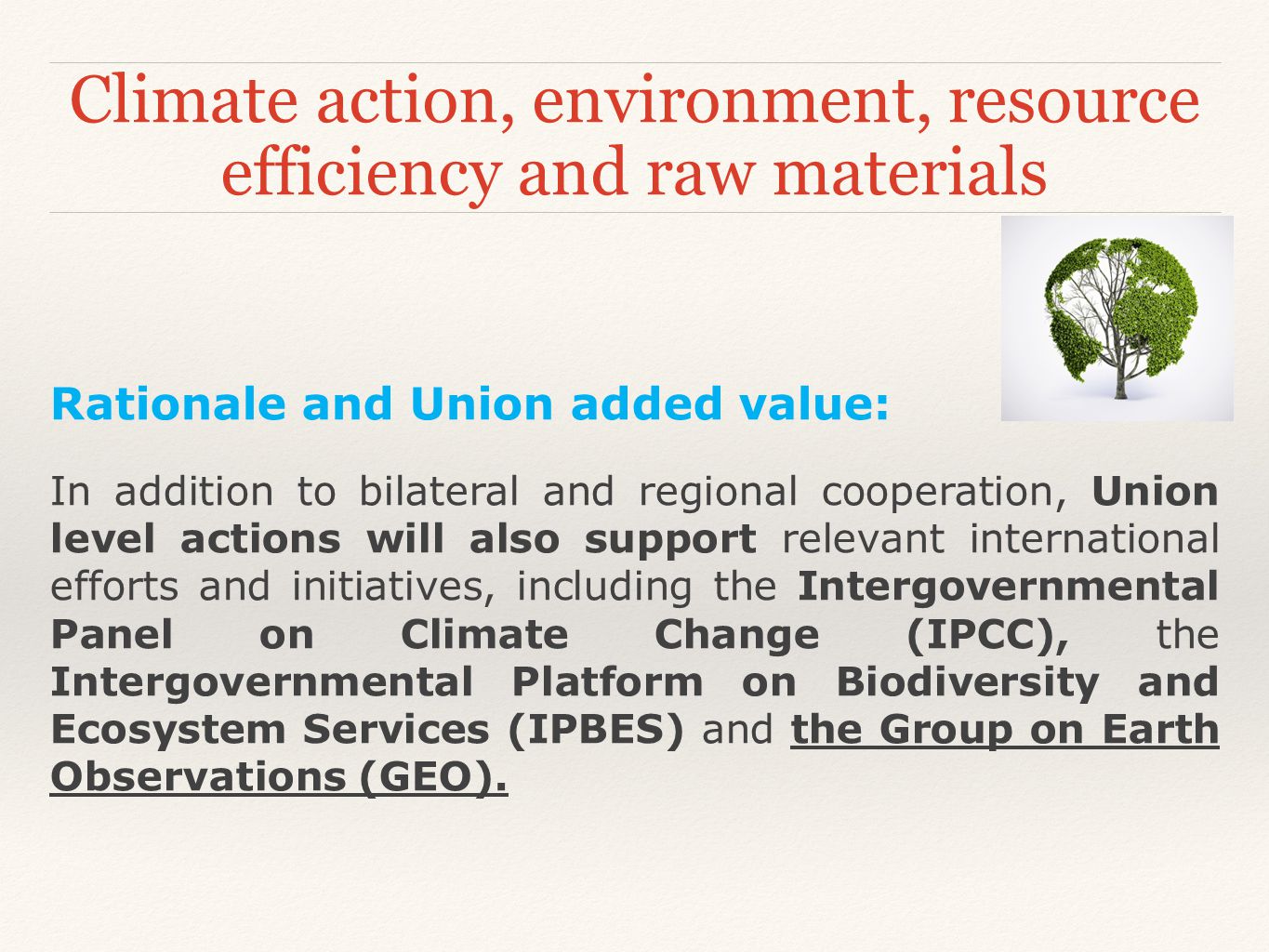 Climate action, environment, resource efficiency and raw materials Rationale and Union added value: In addition to bilateral and regional cooperation, Union level actions will also support relevant international efforts and initiatives, including the Intergovernmental Panel on Climate Change (IPCC), the Intergovernmental Platform on Biodiversity and Ecosystem Services (IPBES) and the Group on Earth Observations (GEO).