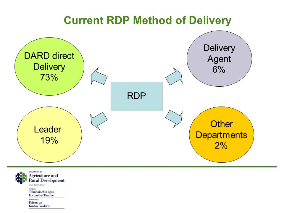 Current RDP Method of Delivery RDP DARD direct Delivery 73% Leader 19% Delivery Agent 6% Other Departments 2%