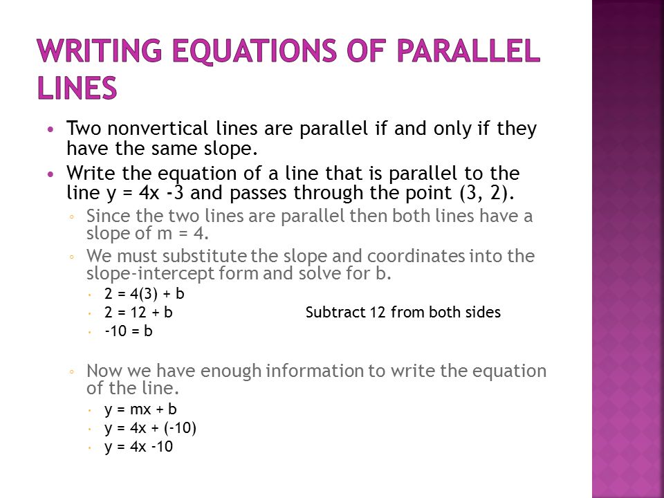 Two nonvertical lines are parallel if and only if they have the same slope.