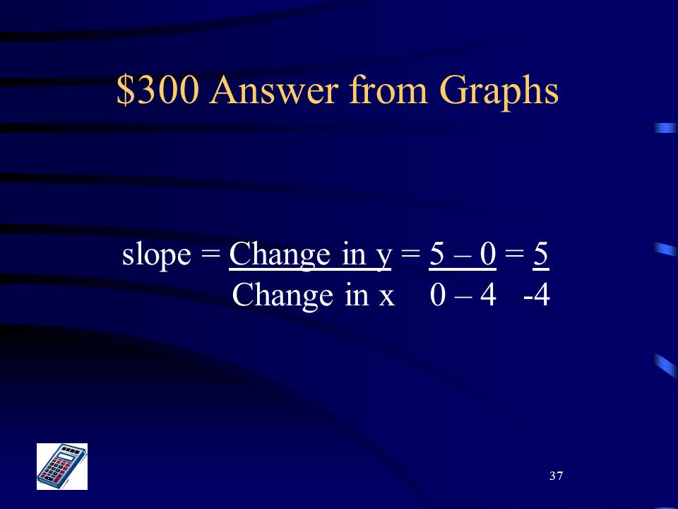 37 $300 Answer from Graphs slope = Change in y = 5 – 0 = 5 Change in x 0 – 4 -4
