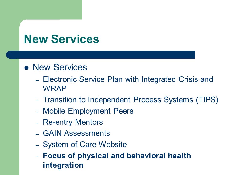 New Services – Electronic Service Plan with Integrated Crisis and WRAP – Transition to Independent Process Systems (TIPS) – Mobile Employment Peers – Re-entry Mentors – GAIN Assessments – System of Care Website – Focus of physical and behavioral health integration