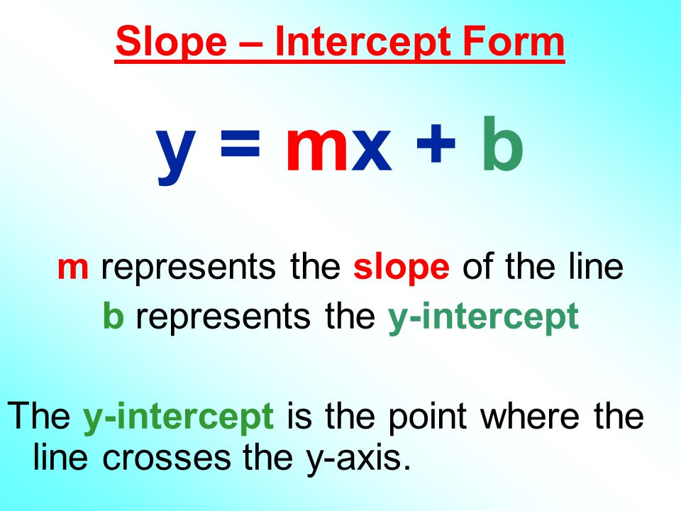 Slope – Intercept Form y = mx + b m represents the slope of the line b represents the y-intercept The y-intercept is the point where the line crosses the y-axis.