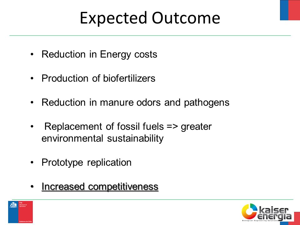 Expected Outcome Reduction in Energy costs Production of biofertilizers Reduction in manure odors and pathogens Replacement of fossil fuels => greater environmental sustainability Prototype replication Increased competitivenessIncreased competitiveness