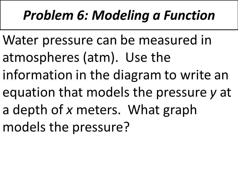 Problem 6: Modeling a Function Water pressure can be measured in atmospheres (atm).