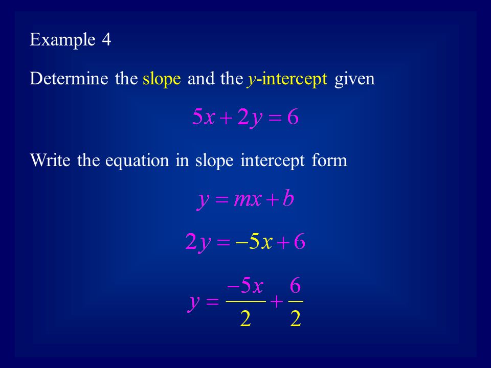 Example 4 Determine the slope and the y-intercept given Write the equation in slope intercept form