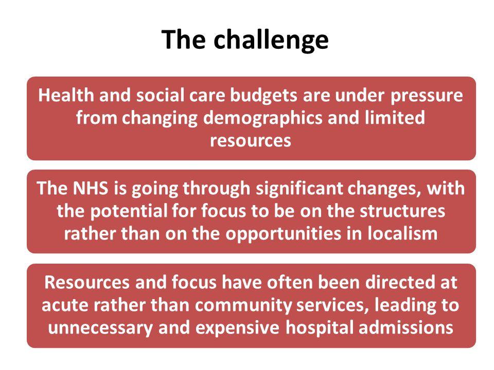 Health and social care budgets are under pressure from changing demographics and limited resources The NHS is going through significant changes, with the potential for focus to be on the structures rather than on the opportunities in localism Resources and focus have often been directed at acute rather than community services, leading to unnecessary and expensive hospital admissions The challenge